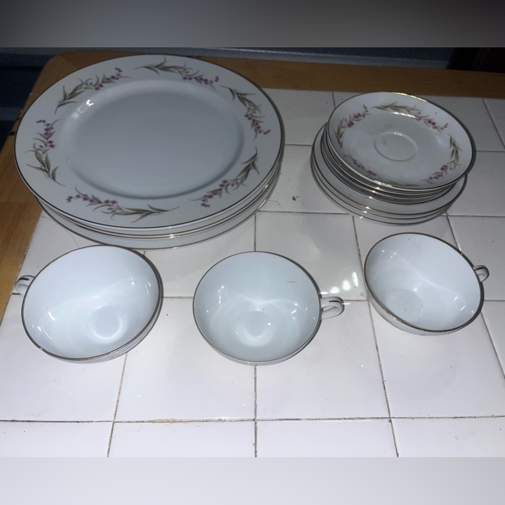 Elegant White Dinnerware Set with Purple and Gold Accents set of 15